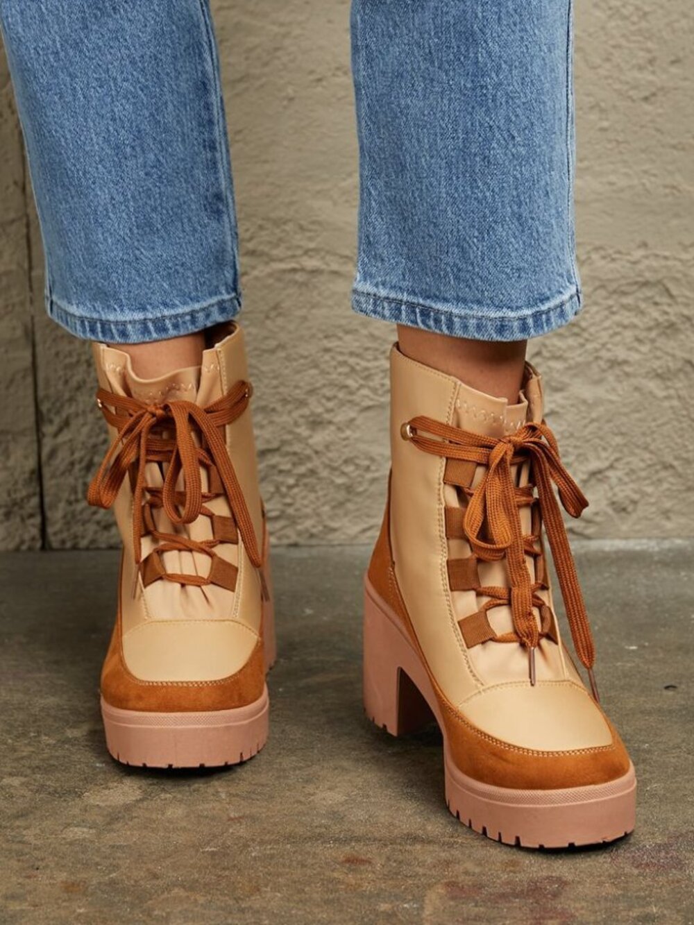 Khaki Lace-Up Lug Boots | Two-Tone Platform Ankle Booties